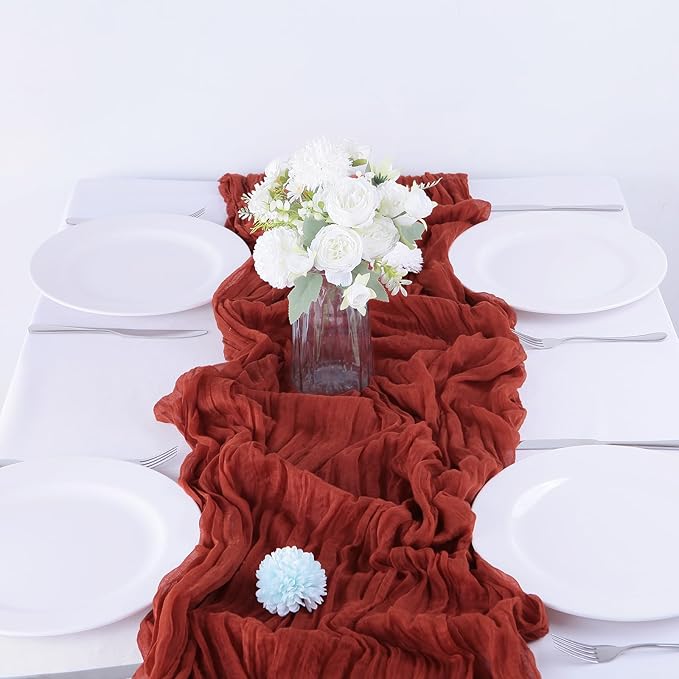 16PCS Terracotta Cheesecloth Table Runner 10FT Table Runner Cheesecloth 35x120Inch Boho Gauze Cheese Cloth Table Runner Long Rustic Sheer Table Runners for Wedding Party Baby Bridal Shower Table Decor
