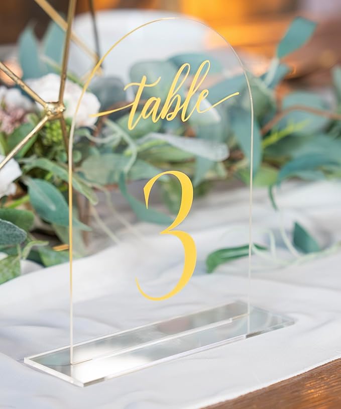 Clear Arch Acrylic Table Numbers for Wedding Reception - 5" x 7" Gold Font Centerpiece Set with Holder Stands & Head Table Sign - Anniversary, Event, Party, Wedding 1-15