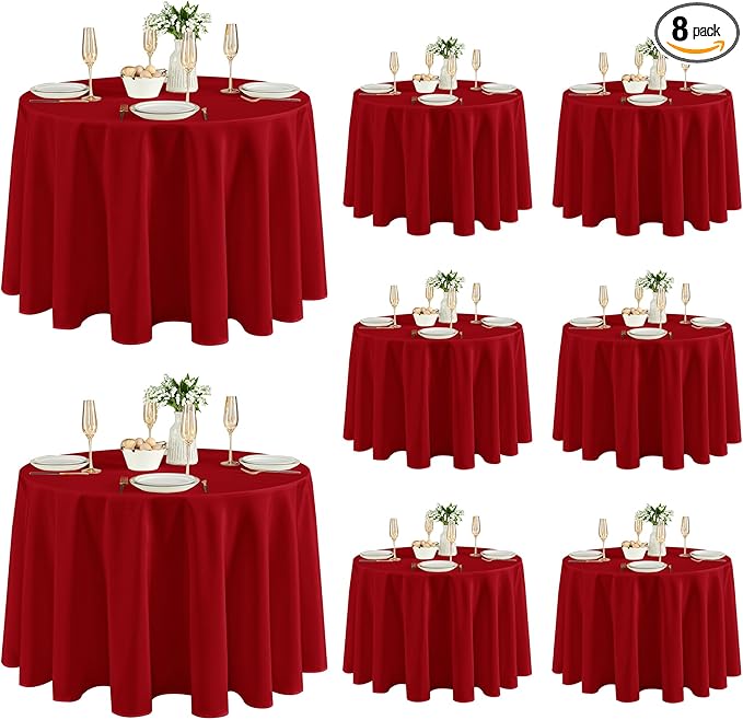 Fitable 8 Pack Round Tablecloths: Stain Resistant Wrinkle Free Circle Table Clothes, Washable Reusable Polyester Table Covers for Wedding Christmas Party Birthday Banquet Reception(Red, 120 Inch)