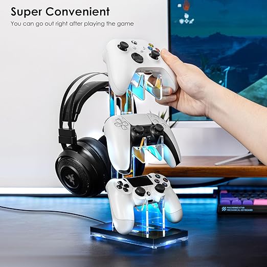 OAPRIRE Controller Holder Headset Stand with Lights, 3 Tier Acrylic Gaming Controller Stand for PS4, PS5, PC, Switch, Universal Design (Black)