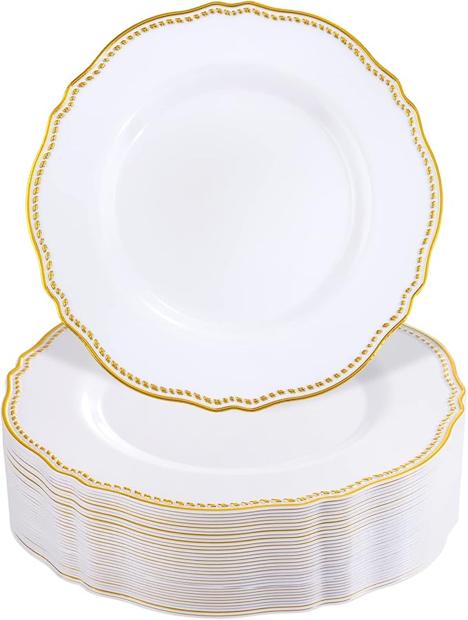Hioasis 60pcs Gold Plastic Plates - White and Gold Disposable Dinnerware with Gold Rim, Heavy-duty, 7.5 inch, Dessert Plates for Party & Thanksgiving