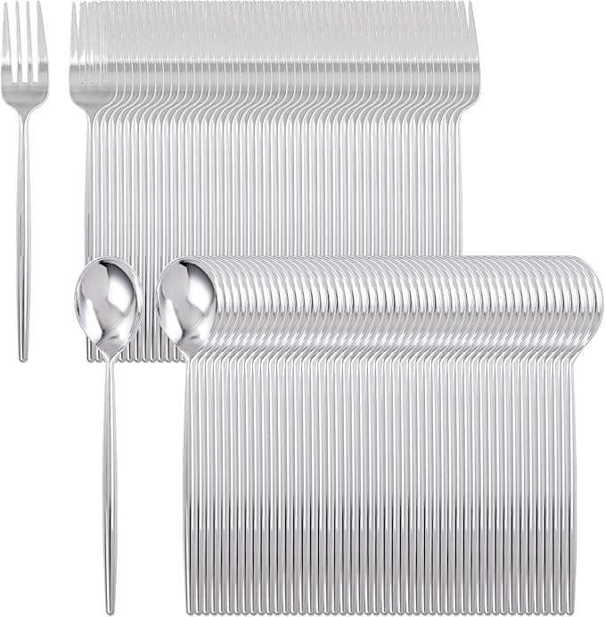 SUT 200Pcs Plastic Silverware,Plastic Spoons and Forks, Disposable Silverware,Silver Plastic Silverware, Disposable Forks and Spoons, Includes 100 forks, 100 spoons for Party, Birthday, Wedding