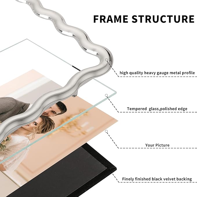 Silver 8x10'' Wave Design Photo Frame with Acid Free Mat for 5x7'',High-End Zinc Alloy Picture Frames with Velvet Back,Fashionable Style Silver frames 7x5''
