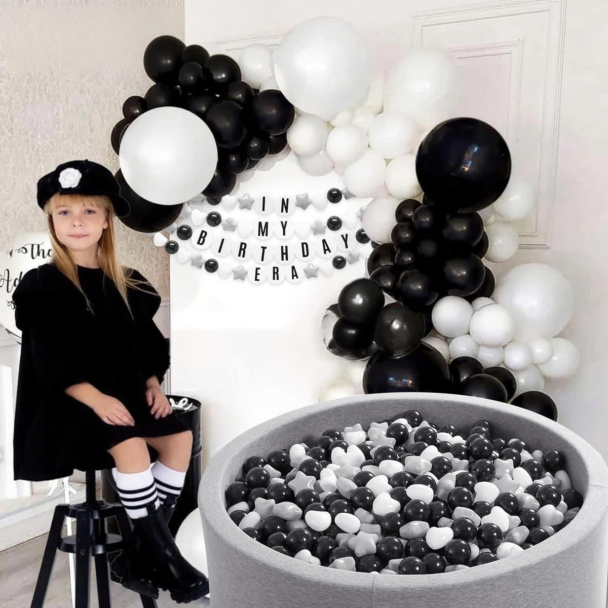 DIY Giant Friendship Bracelet Birthday Garland Kit with Letters Ball Customizable Banner for Christmas Wedding Kpop New Year Party Decorations Ball Plastic Balls Stars DIY Supplies(Black/Gray/White)