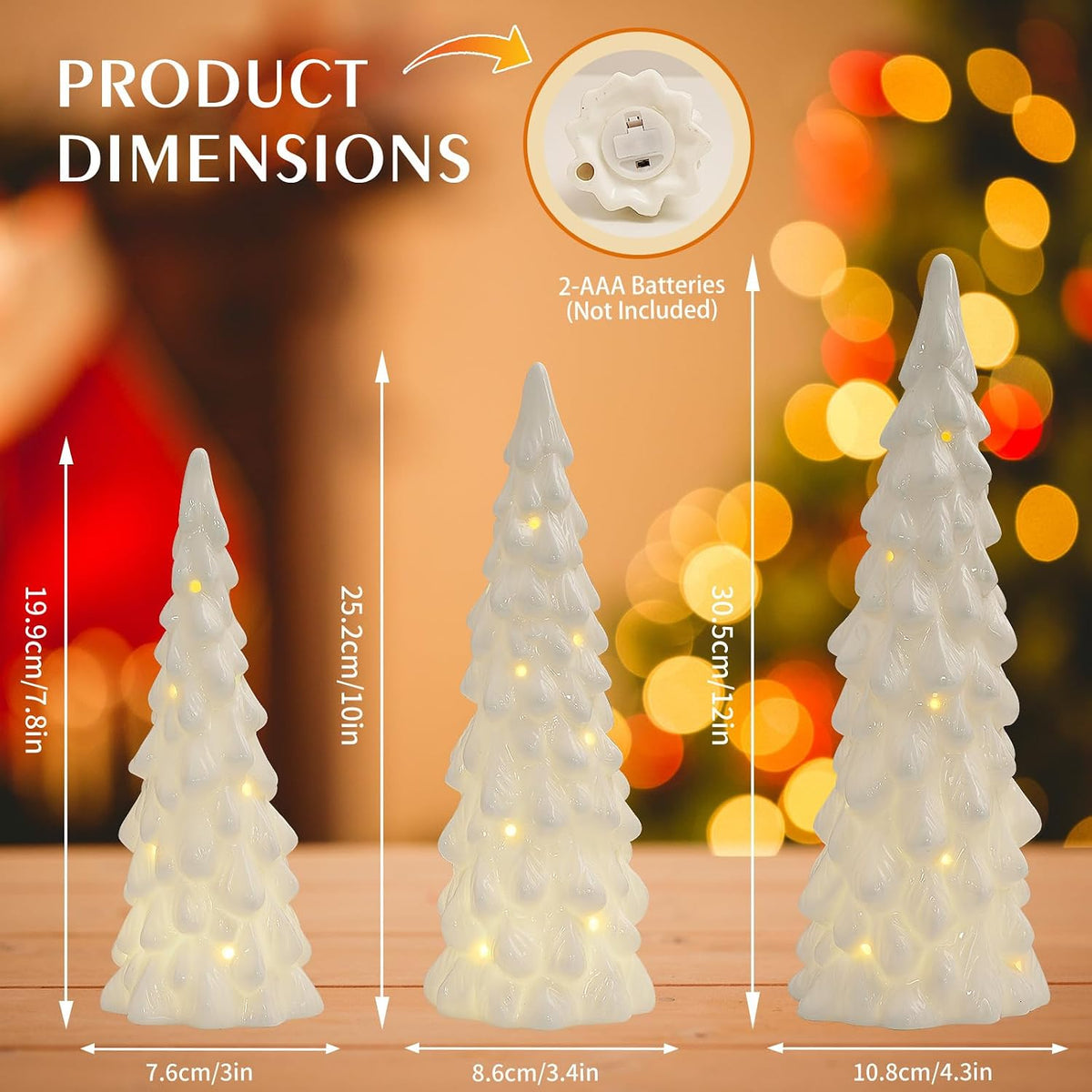 white ceramic christmas trees with lights, table top showing dimensions