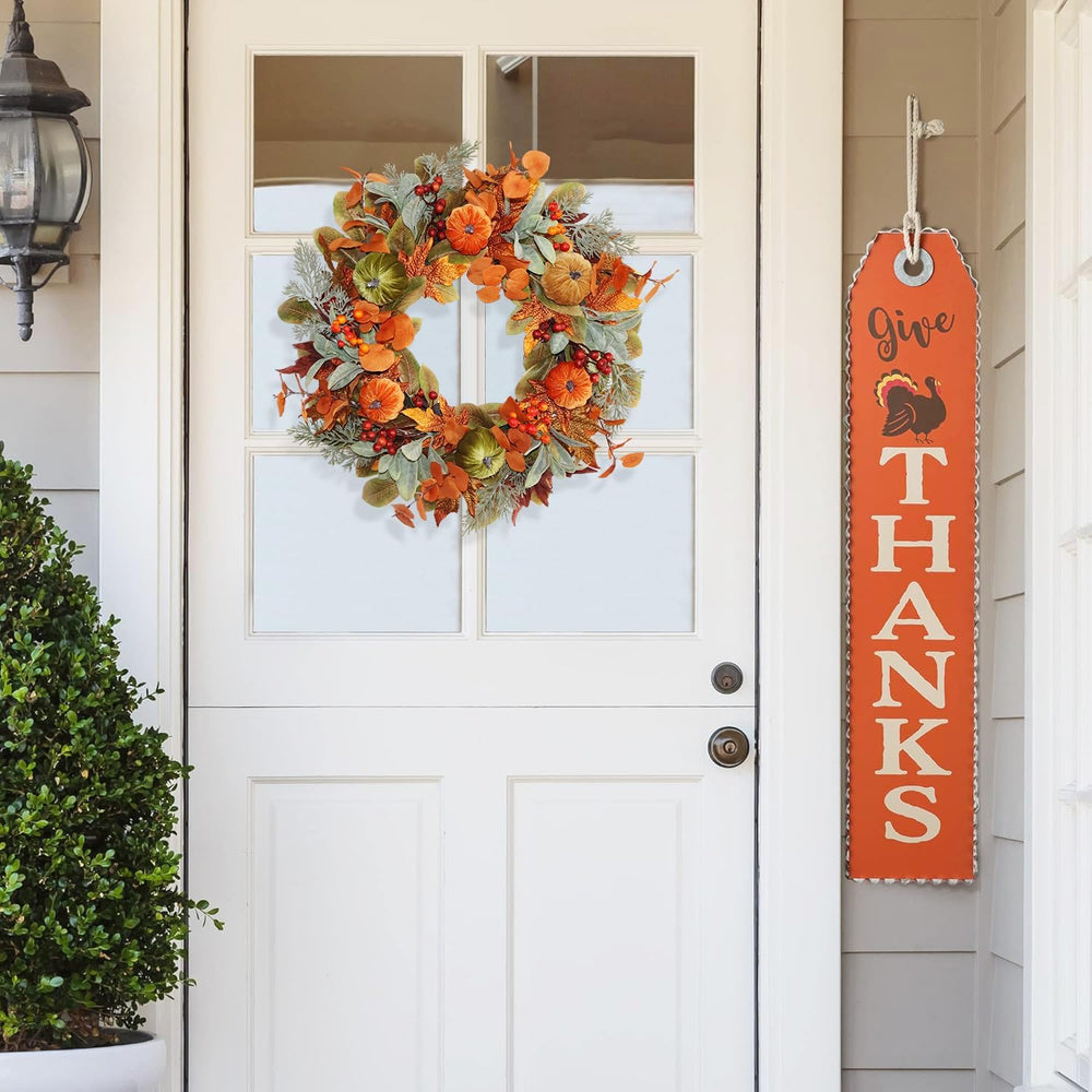 20 Inch Pre-Lit Pumpkin Fall Wreath for Front Door, 30 White LEDs