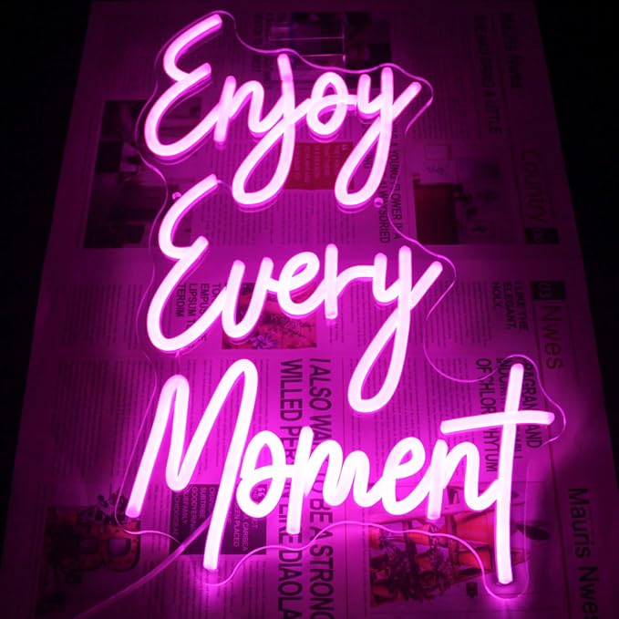 Enjoy Every Moment Neon Sign Pink Letter LED Sign Words Neon Light Up Sign Enjoy Neon Signs for Wall Decor LED Neon Lights Signs for Bedroom Bar Restaurant Salon Party Decor