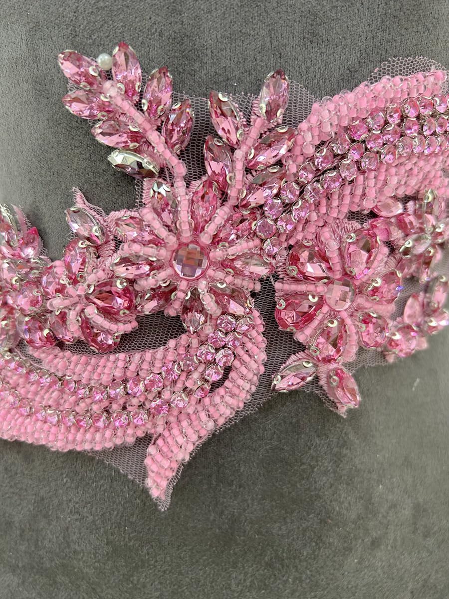 Handmade Rhinestones lace Trim Patches Handsewing Beads Bodice Applique for D...