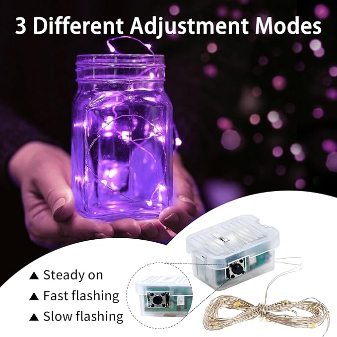 50 Pack Purple Fairy Lights 7Ft 20 LED Twinkle String Lights 3 Modes Battery Operated Waterproof Firefly Starry for Mason Jar Party Wedding Christmas Valentines Day Table Centerpieces