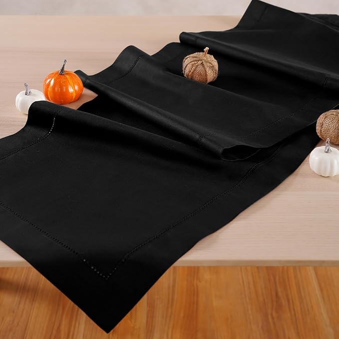 Cotton Linen Table Runner 120 Inches Long – Black Farmhouse Table Runner for Thanksgiving, Christmas – Washable Hemstitch Fabric Ideal for Winter Décor, Gift – Serena