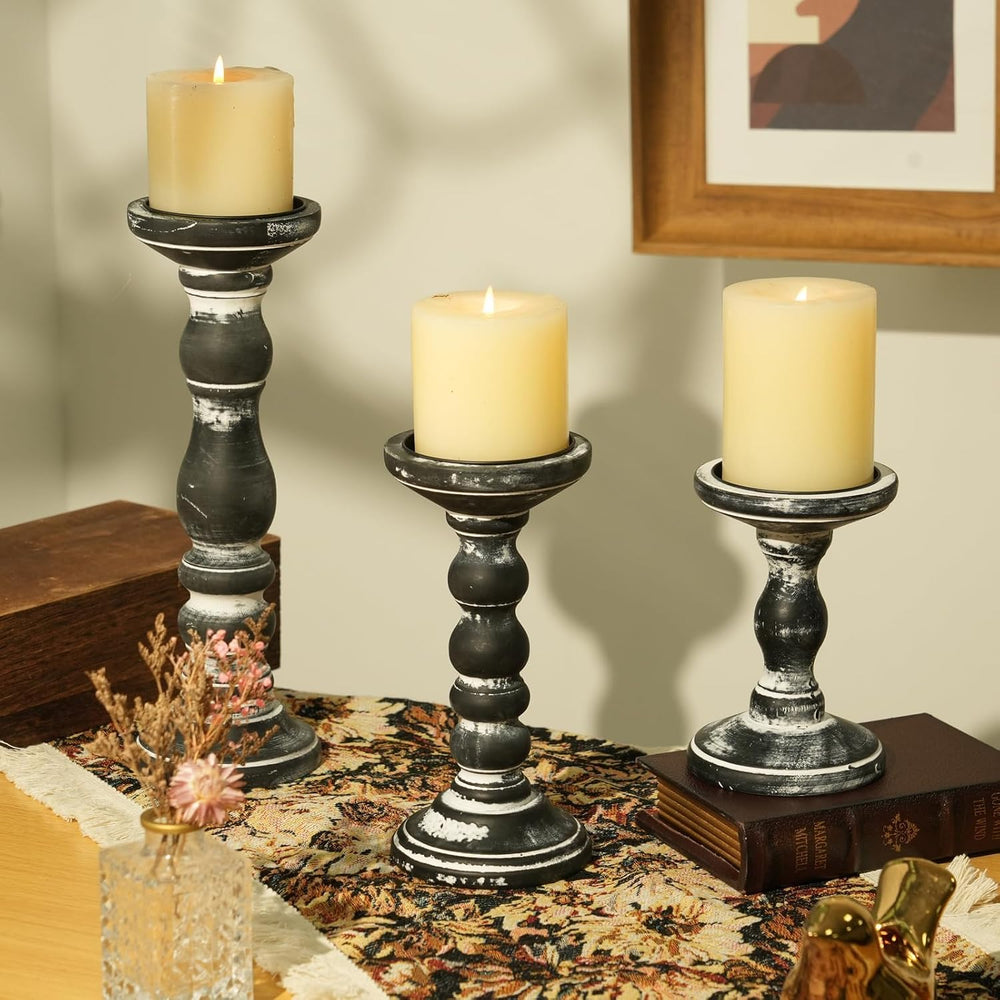 Wood Pillar Candle Holder: Rustic Distressed Black Candle Stand