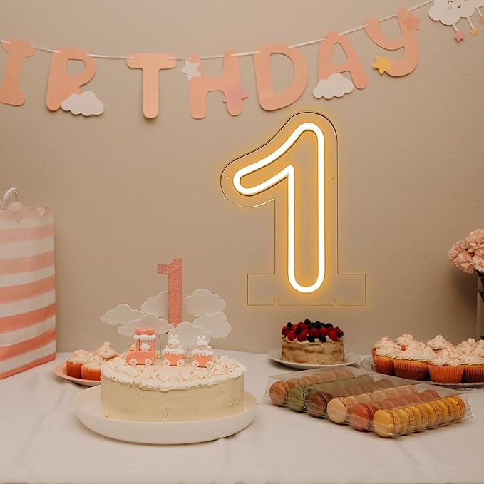 Number 1 LED Neon Sign Backdrop Birthday Party Decoration, 11.3" Height Warm White Marquee Number Light Up Sign for Wedding Anniversary Window Wall Table, Indoor Battery Operated or USB
