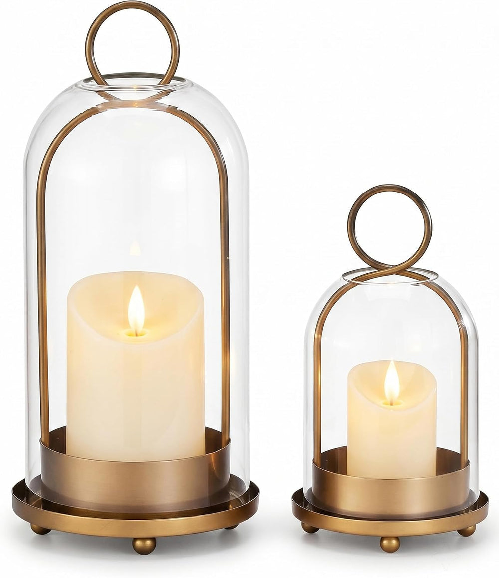 Brass Candle Holder Set of 2, Hurricane Glass Candle Holders with Flameless C...