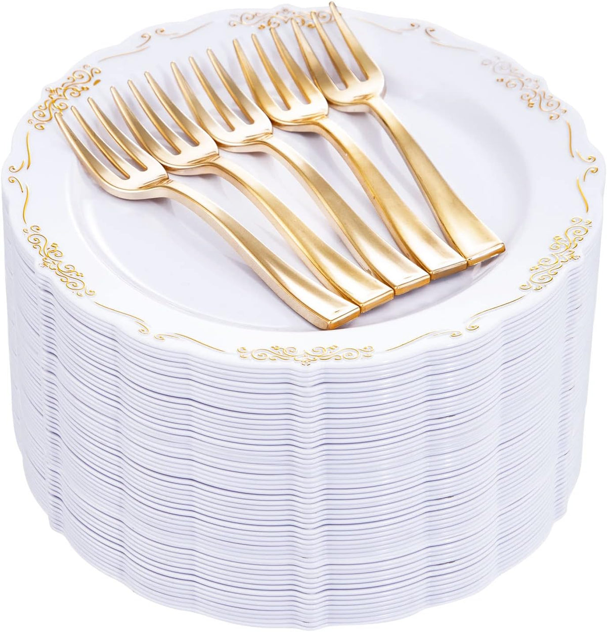 LIYH Gold Rim White 200 Pcs Heavy Duty Dessert Plates Forks Wedding Set