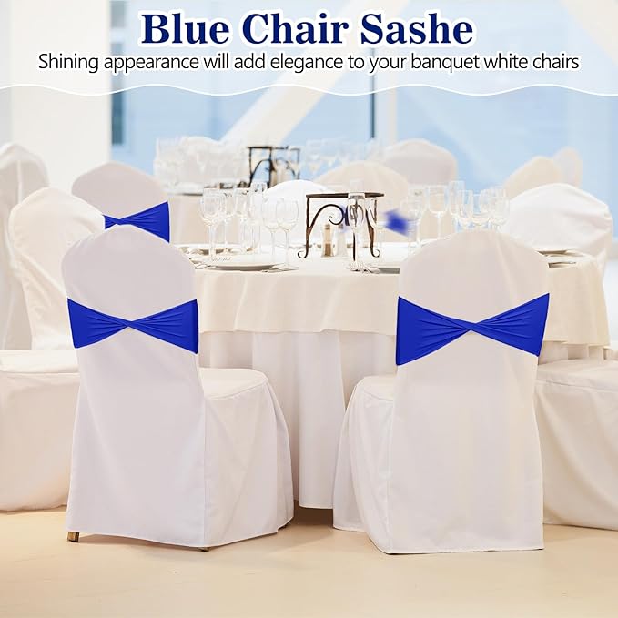 Kinlop 50 Pcs Spandex Chair Sashes Bows Chair Bands Slider Sashes for Covers Elastic Bands Ties Without Buckle Decorations for Wedding Party Events Ceremony Birthday(Blue)
