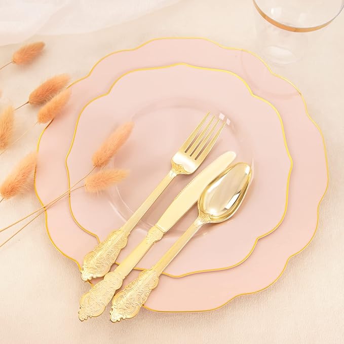 NOCCUR 175PCS Pink Plates with Gold Disposable Silverware - Include 50 Pink Plastic Plates,25 Knives,25 Forks,25 Spoons,25 Cups and 25 Napkins - Ideal for Wedding/Party