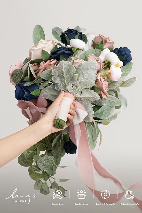Ling's moment Dusty Rose Navy Blue Bridal Bouquet Cascading, Pink and Blue Wedding Bouquets for Bride, 15 Inch Silk Artificial Wedding Flower Bouquet