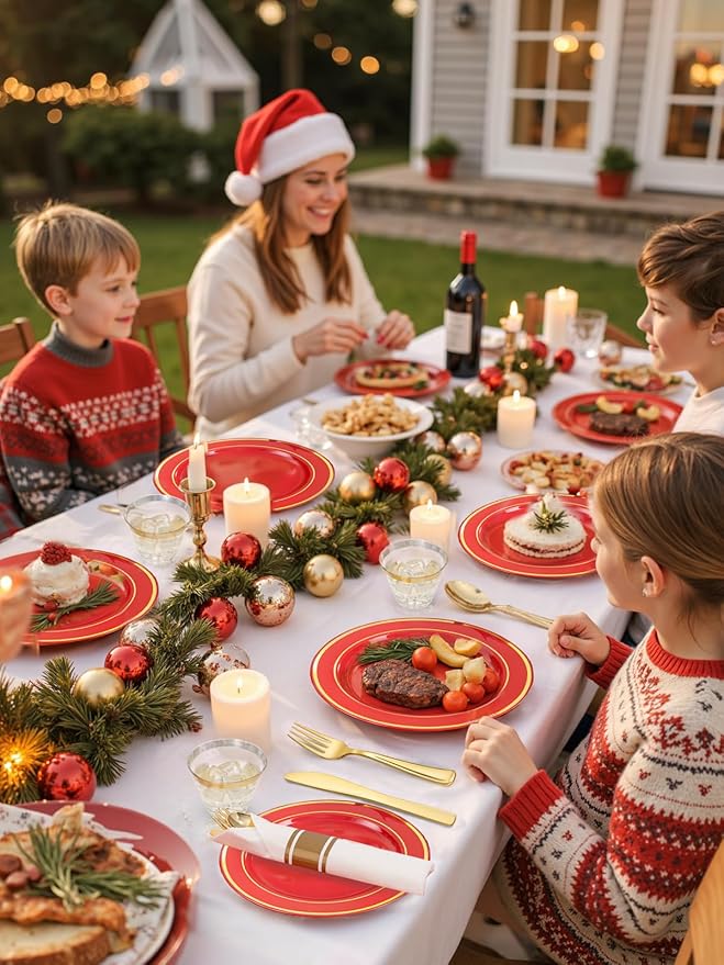 175 Pieces Christmas Plastic Plates - Red Plastic Plates with Gold Rim Include 25 Dinner Plate 10”, 25 Dessert Plate 7”, 25 gold Cups 9 OZ, 25 Pre Rolled Napkins for Christmas/Party