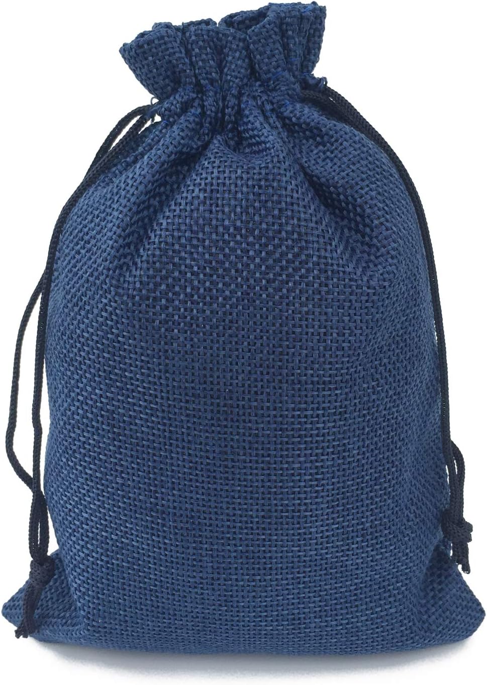 navy burlap gift bags with drawstring - reusable shown in use