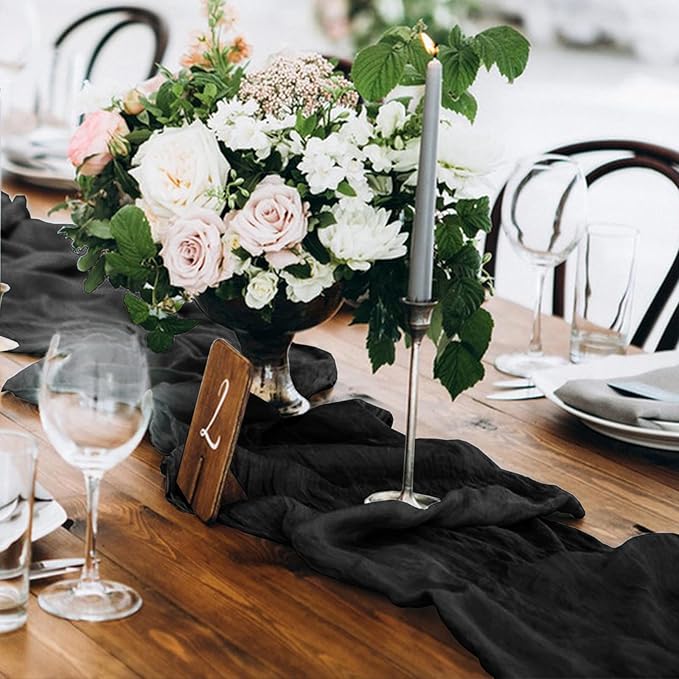 12 Pack Cheesecloth Table Runner 10Ft Christmas Gauze Boho Table Runners for Wedding Decor Bridal Shower Decorations Baby Shower Party(35" x 120")(Black)