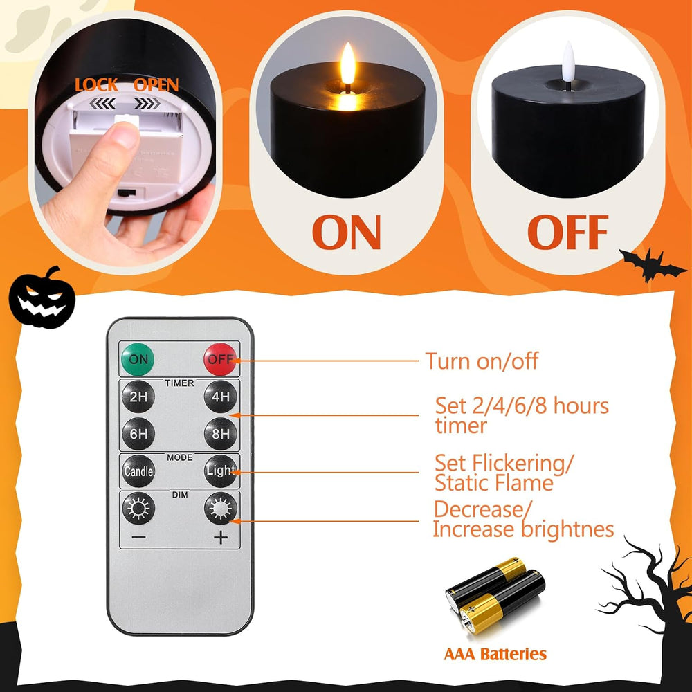3 Pcs 6/8/12" Halloween Black Flameless LED Candle Decor for Home