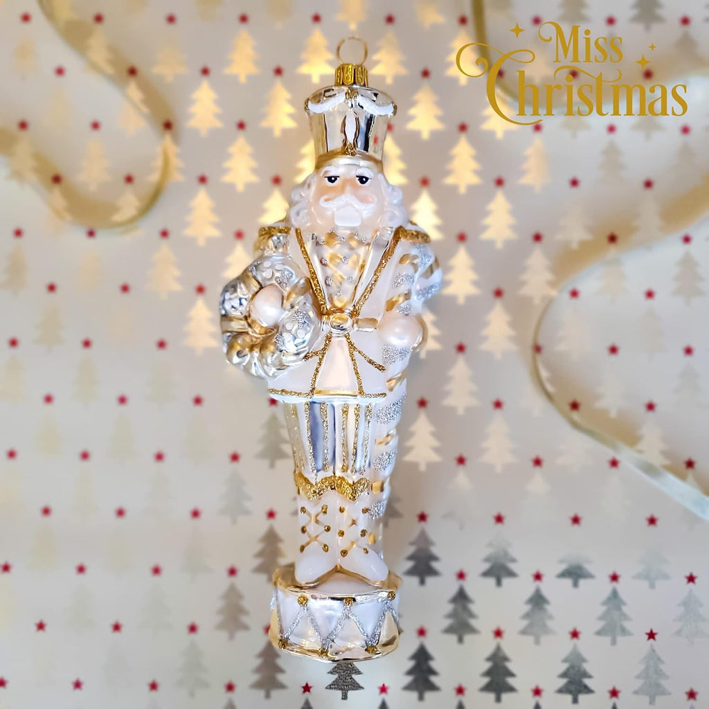 Miss Christmas 2026 Collection Fancy Nutcracker Soldier 7-Inch Blown Glass Christmas Tree Ornament (Elegant White Nutcracker)