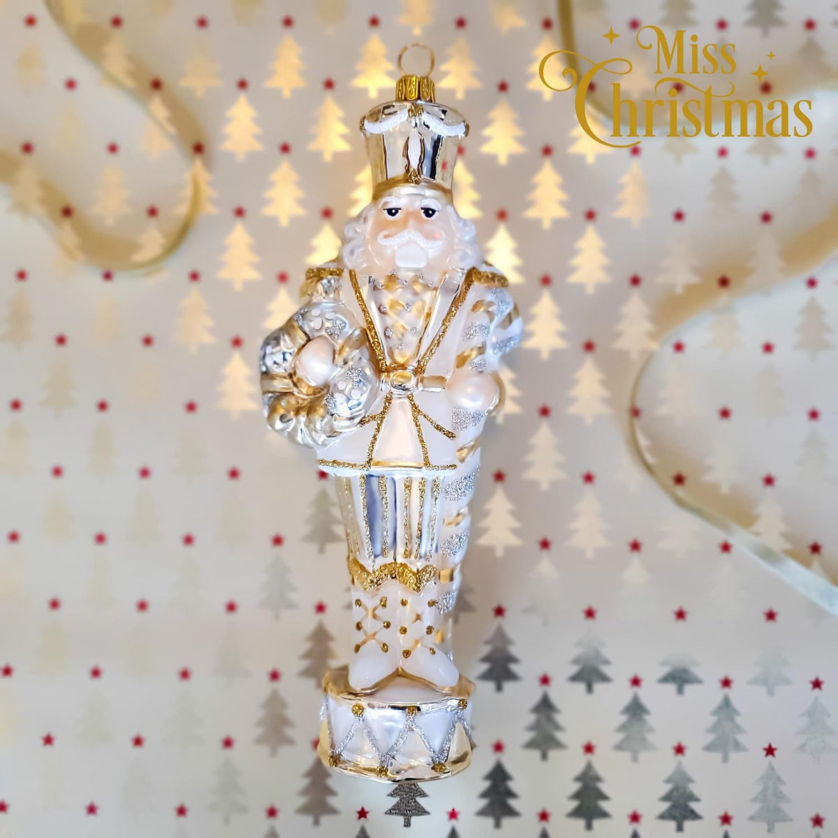 Miss Christmas 2026 Collection Fancy Nutcracker Soldier 7-Inch Blown Glass Christmas Tree Ornament (Elegant White Nutcracker)