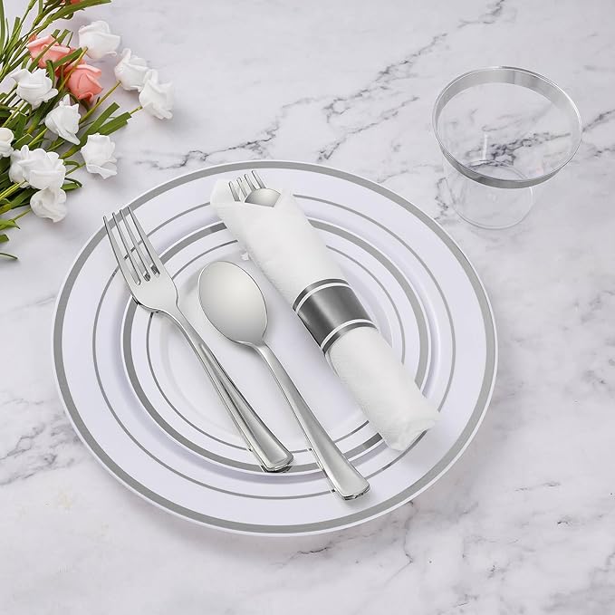 Goodluck 350 Piece Silver Plastic Dinnerware Set for 50 Guests, Fancy Disposable Plates for Party, Include: 50 Dinner Plates, 50 Dessert Plates, 50 Pre Rolled Napkins with Silver Silverware, 50 Cups