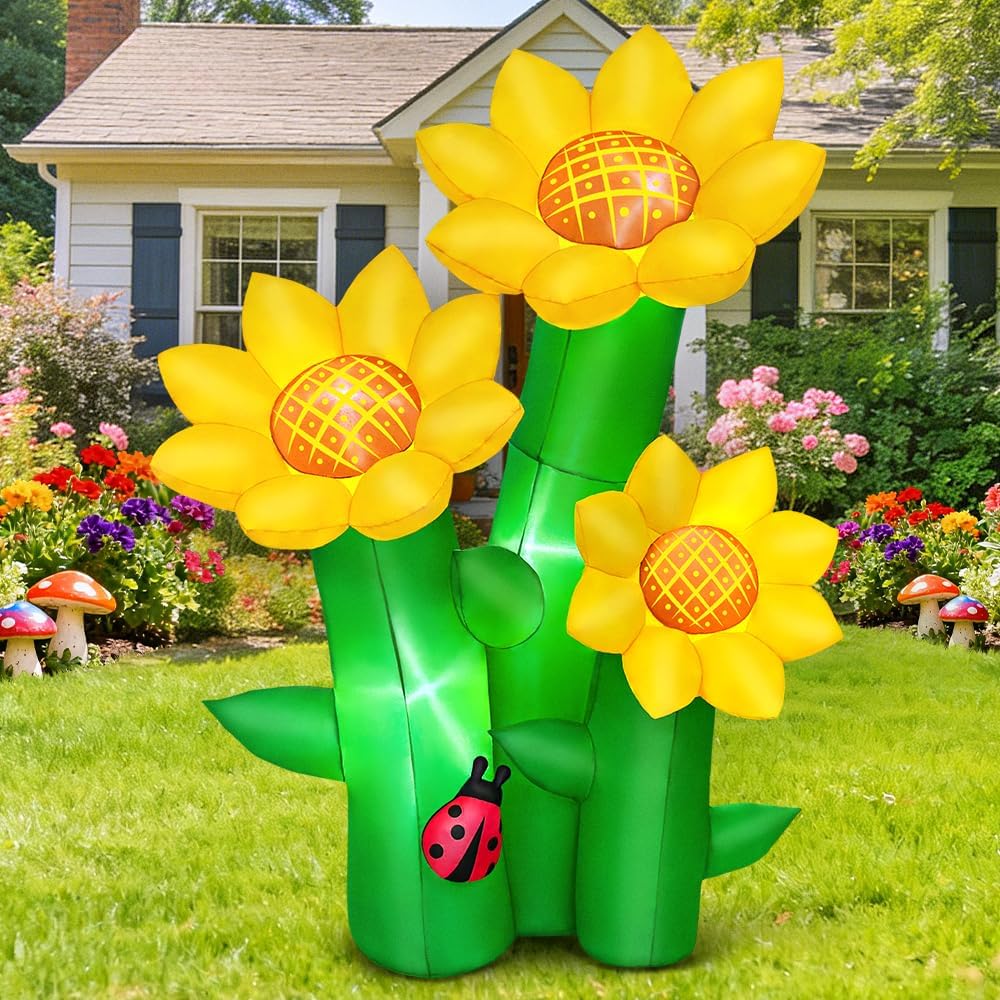 KOOY 6FT Fall Inflatable Sunflowers Outdoor Decoration, Inflatable Sunflowers Blow Up Yard Decor Built-in LED Lights for Spring Summer Easter Yard Garden Lawn Party