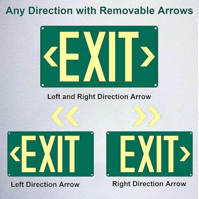 (2Pack) Photoluminescent Exit Sign, Glow In The Dark Aluminum Exit Sign Green - Adhesive Backing - 4pcs Removable Arrows Included - 14.25 x 7.5 Inches - Non Electrical Exit For 50 Feet Visibility