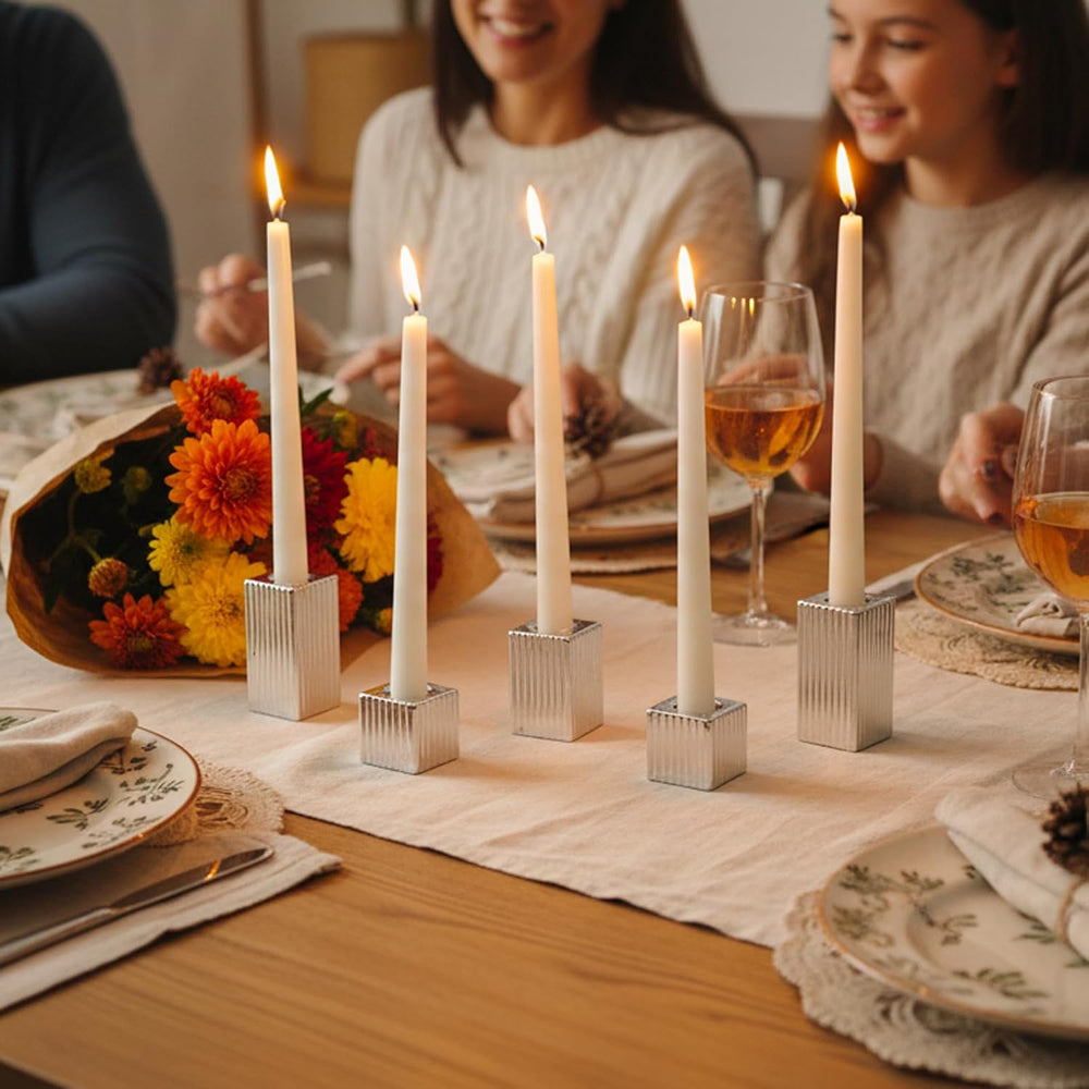 LETINE 12pcs Silver Vertical Stripe Glass Candlestick Holders - Chic Taper Ca...