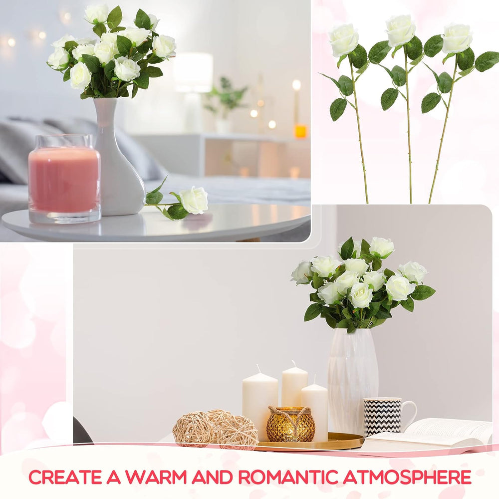 Jexine 50 Pcs Artificial Silk Roses Bulk with Long Stem,White