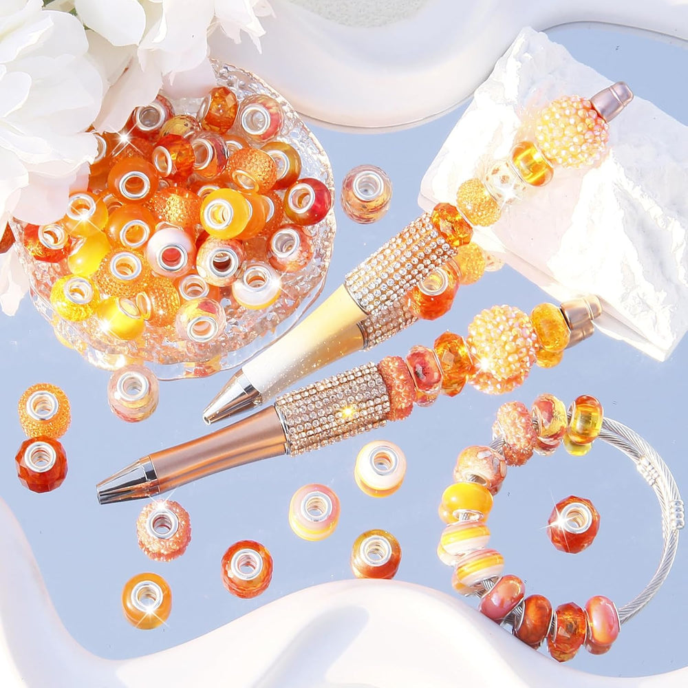 500 Pieces Large Hole Beads, Assorted European Craft Beads Orange Big Hole Fa...