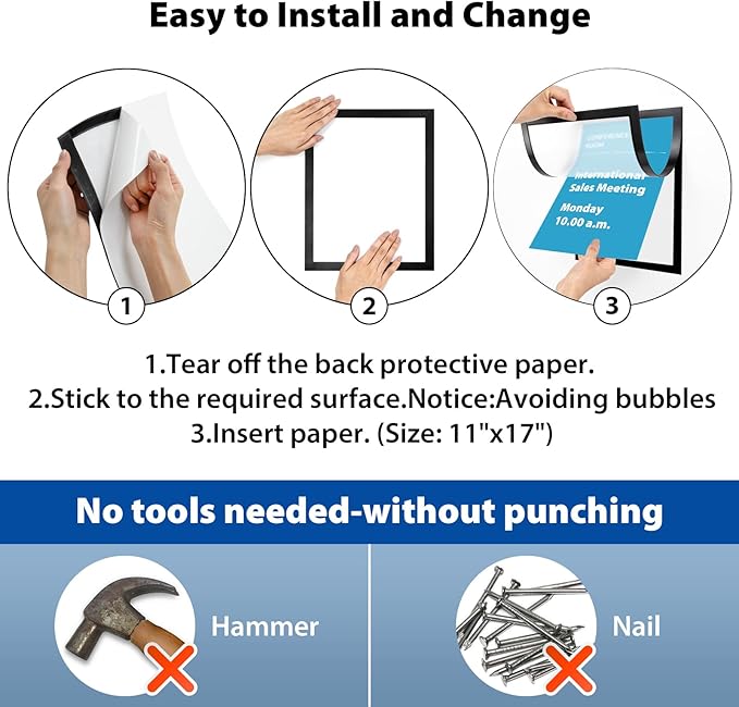 11"x 17" Self Adhesive Magnetic Sign Holder, Double Sided Window Magnetic Display Frame with Clear PVC and Strong Magnetic for Office/Home/Store/Door/Glass/Wall Display Frame(Black,10Pack)