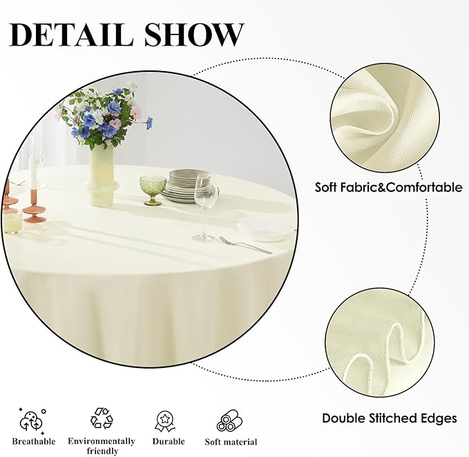 Round Tablecloth 120 Inch Tablecloth 10 Pack Ivory Table Cloths Washable Decorative Polyester TableClothes Cover for Dining Table Banquets Buffet Parties and Wedding