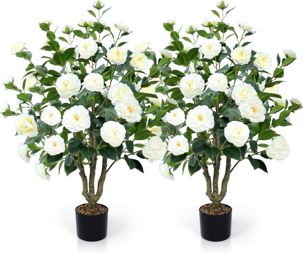 Artificial Camellia Tree 2 Pack 42" with 32 Blooming Flowers in Pot White
