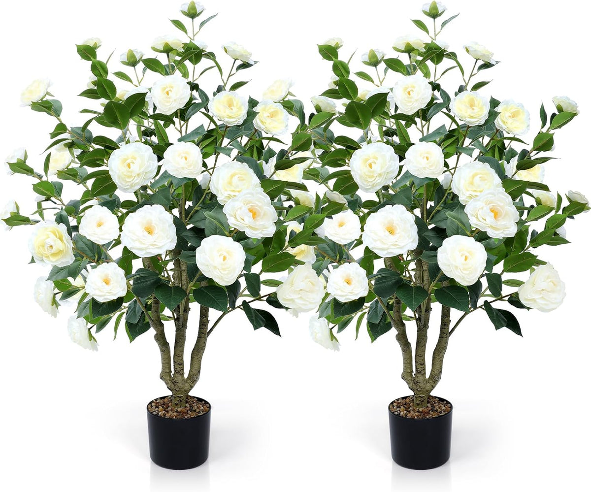 Artificial Camellia Tree 2 Pack 42" with 32 Blooming Flowers in Pot White