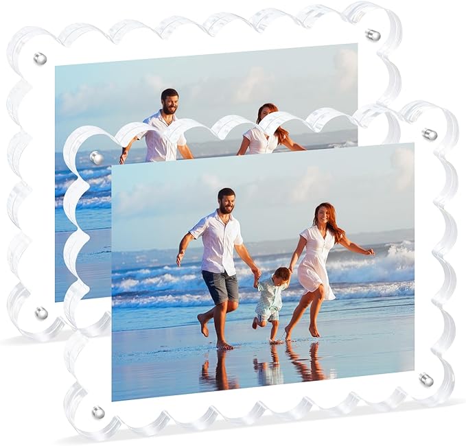 Magnetic Photo Frame 6×8Inch - 2Pack Acrylic Scalloped Glass Frames, 12+12mm Thick Double-Sided Design.Clear Picture Frame with Thick Block | Trendy Home Gift Set (2 Pack, 6×8)
