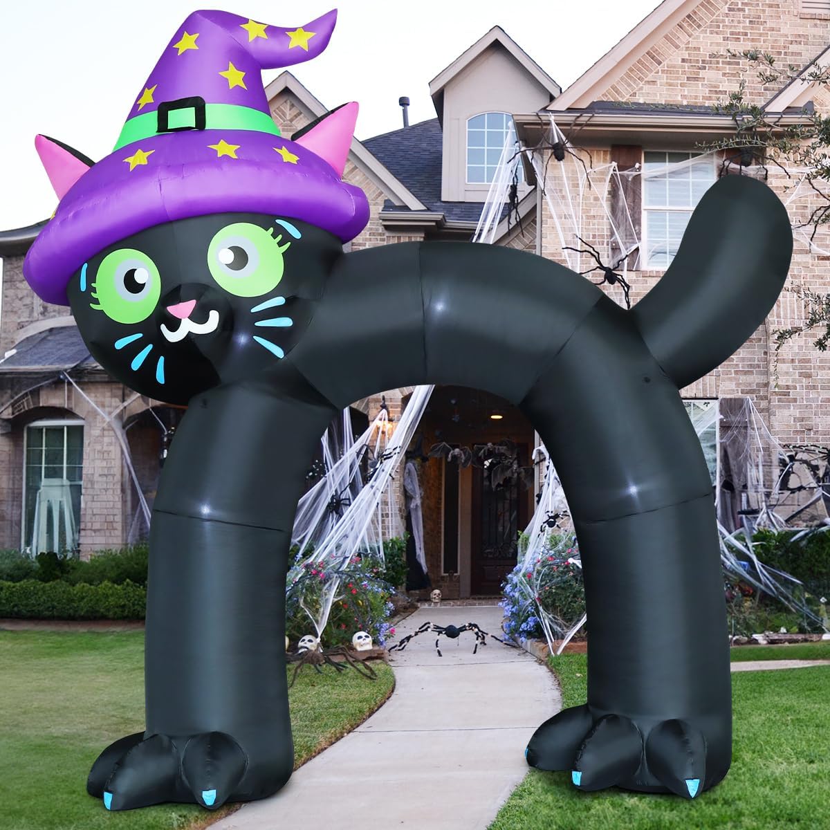 COMIN 14FT Halloween Inflatables Outdoor Decorations Black Cat Arch Blow Up Yard Decoration with Built-in LED for Yard Garden Party Lawn