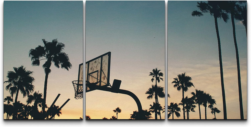wall26 - 3 Piece Canvas Wall Art - Basketball Stands and Palm Trees Under The Sunset - Modern Home Art Stretched and Framed Ready to Hang - 24"x36"x3 Panels