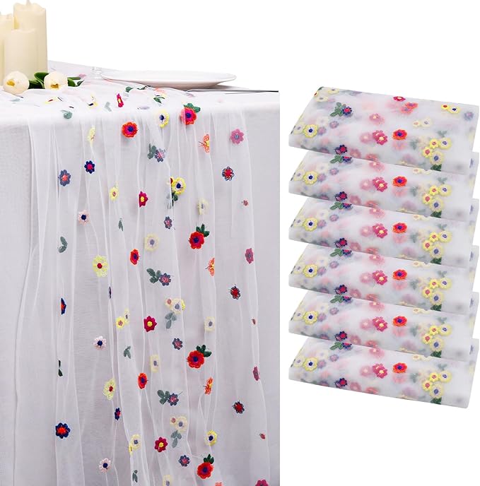 BINBE 6pcs Ivory Daisy Fall Table Runner Embroidery Gauze 10FT Florals Seasonal Tulle Holiday Birthday Kitchen Dining Table Decor for Home Party