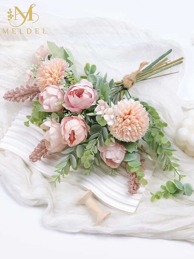 Meldel 3Pcs Peony Bouquet Light Pink Champagne Rose Artificial Flowers Eucalyptus Plants Silk Flower Arrangements Wedding Bouquets Decorations Plastic Floral Centerpieces for Home Kitchen Party Decor
