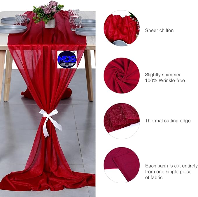 MDS 10 Pack 10ft Chiffon Table Runner 29 x 120 Inches Sheer Wedding Runner Romantic Rustic Table Runner for Wedding Decorations, Birthday Parties, Bridal Shower Party Arch Decor - Apple red