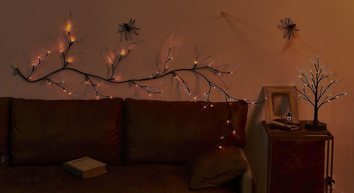 LITBLOOM Lighted Black Glittered Garland with 48 Orange and Purple Bi-Color Lights, Halloween Garland with Lights 8 Functions 6FT Battery Operated for Home Party Halloween Decoration Indoor Outdoor