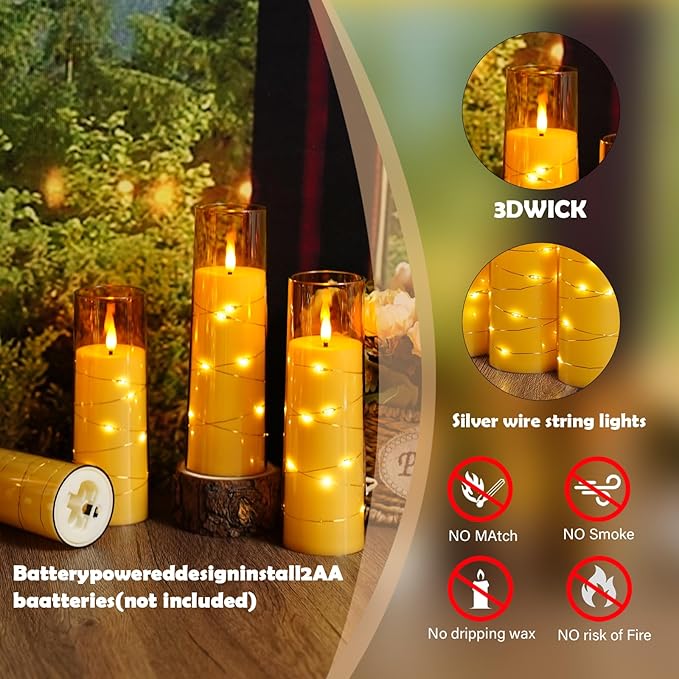 Flameless Candles with Embedded Star String - Battery Operated LED Candles, with Remote,12 Gold Flickering Candles for Christmas, Weddings, Home Decor & Party,(D 2.3"×H 5" 6" 7")
