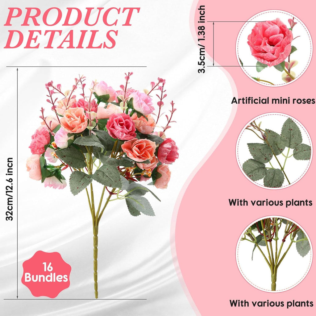 Geosar 16 Pcs Artificial Rose Flowers Bouquets 21 Heads Each, Pink