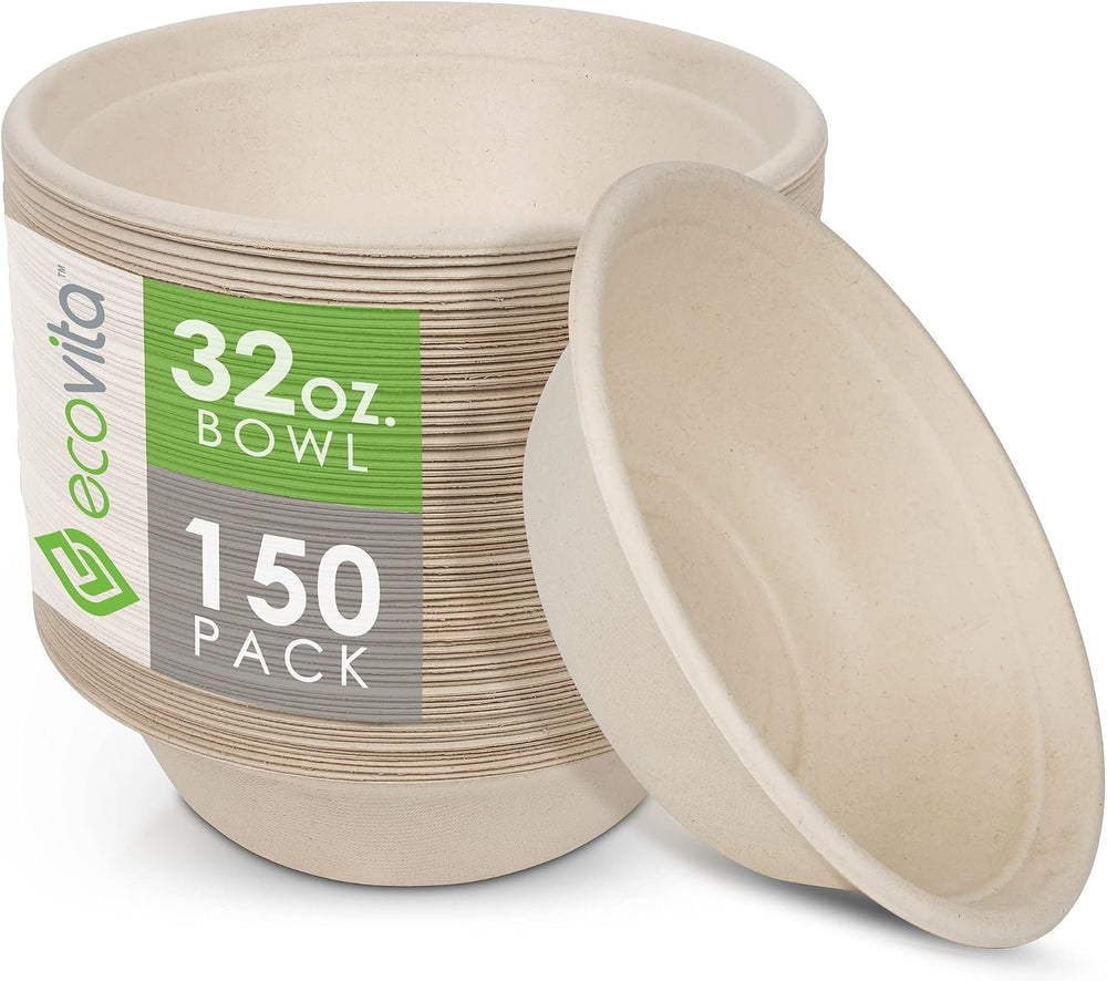 Ecovita 100% Compostable Paper Bowls [32 oz.] – 150 Disposable Bowls Eco Frie...