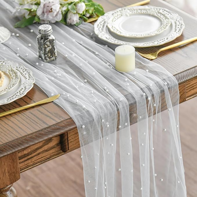 Artoid Mode 6PCS Pearl Gauze Table Runner 120 Inch 10FT, Seasonal Sheer Dining Holiday Wedding Birthday Baby Shower Table Decor for Home Party