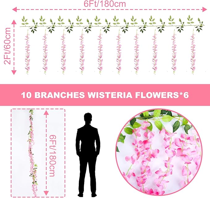 Wisteria Artificial Flowers Garland，10Pcs Total 60ft Silk Fake White Wisteria Flowers Hanging for Home Garden Wedding Arch Party Indoor Outdoor Decor(10,Pink)