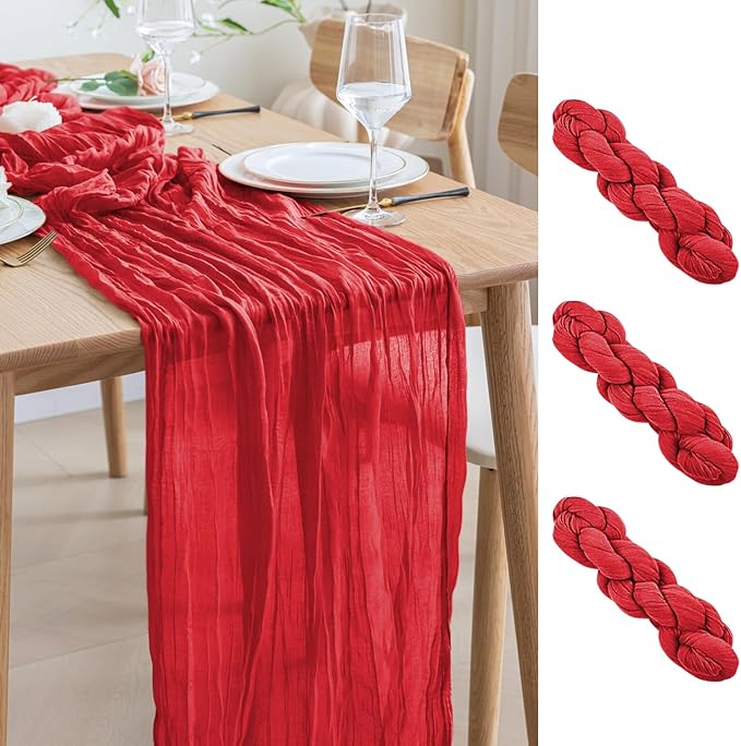 Asee'm 3PCS Fall Table Runner Cheesecloth 10FT Red Boho Gauze Fabric Rustic Sheer Cheese Cloth Runners for Thanksgiving Christmas Wedding Bridal Shower Party